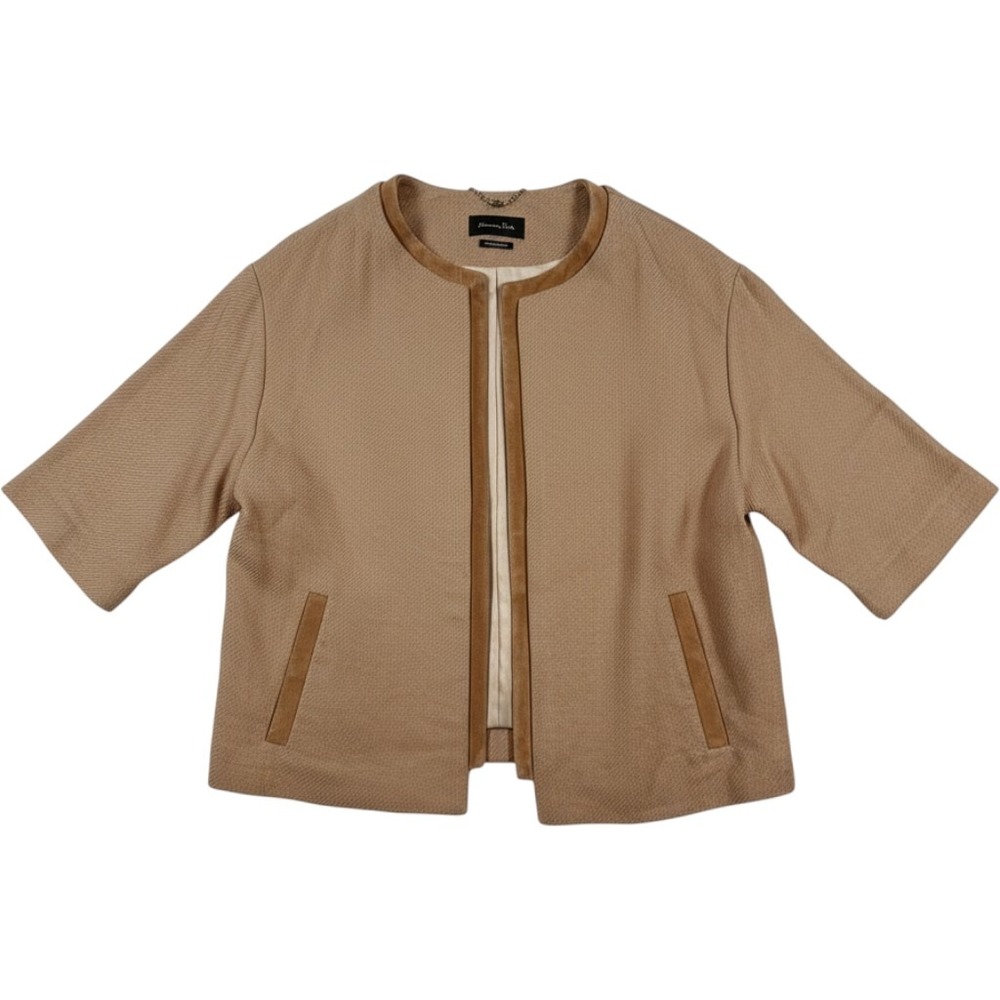 Massimo Dutti Jacket Women L Tan Open Front Suede Trim Textured Short Sleeve